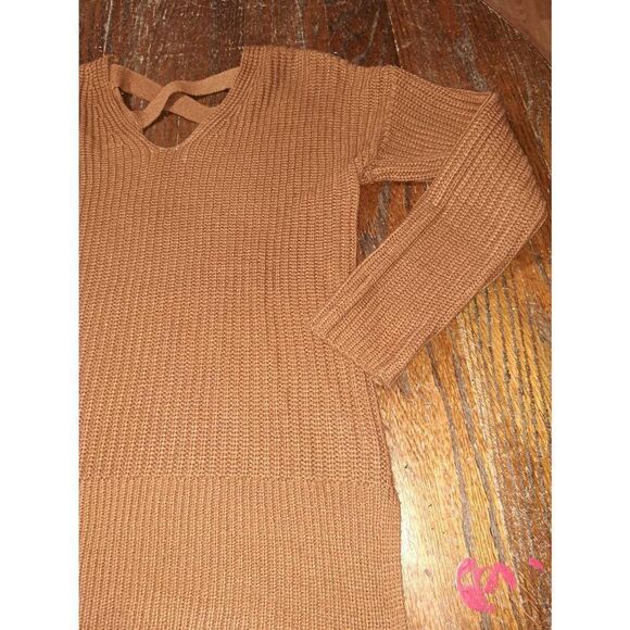 Small Pink Rose Brown Long Sleeve Criss Cross Back Loose Knit Pullover Sweater - Picture 2 of 5